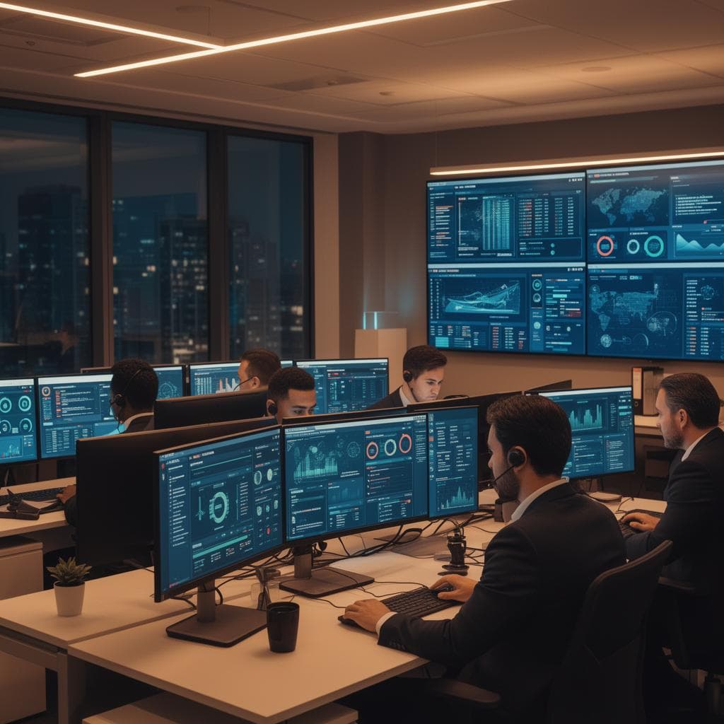 Security operations center with analysts monitoring dashboards