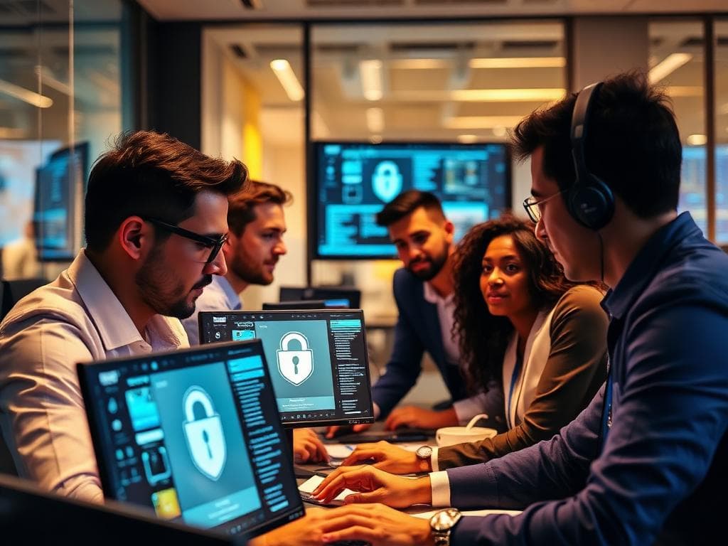 Security team collaborating on data protection